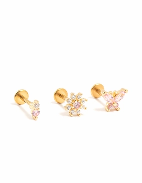 Fashionable Piece Gold Plated Surgical Steel Butterfly & Flower Flat Backs 3-Pack