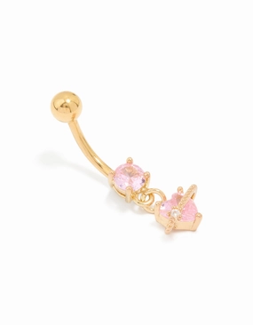 Gold Plated Surgical Steel Pink Cubic Zirconia Planet Belly Bar Timeless Style