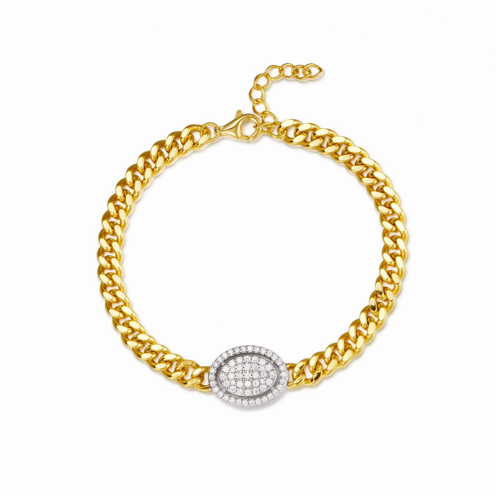 Fresh Feature Romantic Date Gold-plated Sterling Silver Link Chain With Center CZ Oval Bracelet