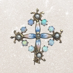 Antique Opal and Enamel Pendant or Brooch in 14k Yellow Gold Floral Design. Perfect Something Old. Shimmer Detail