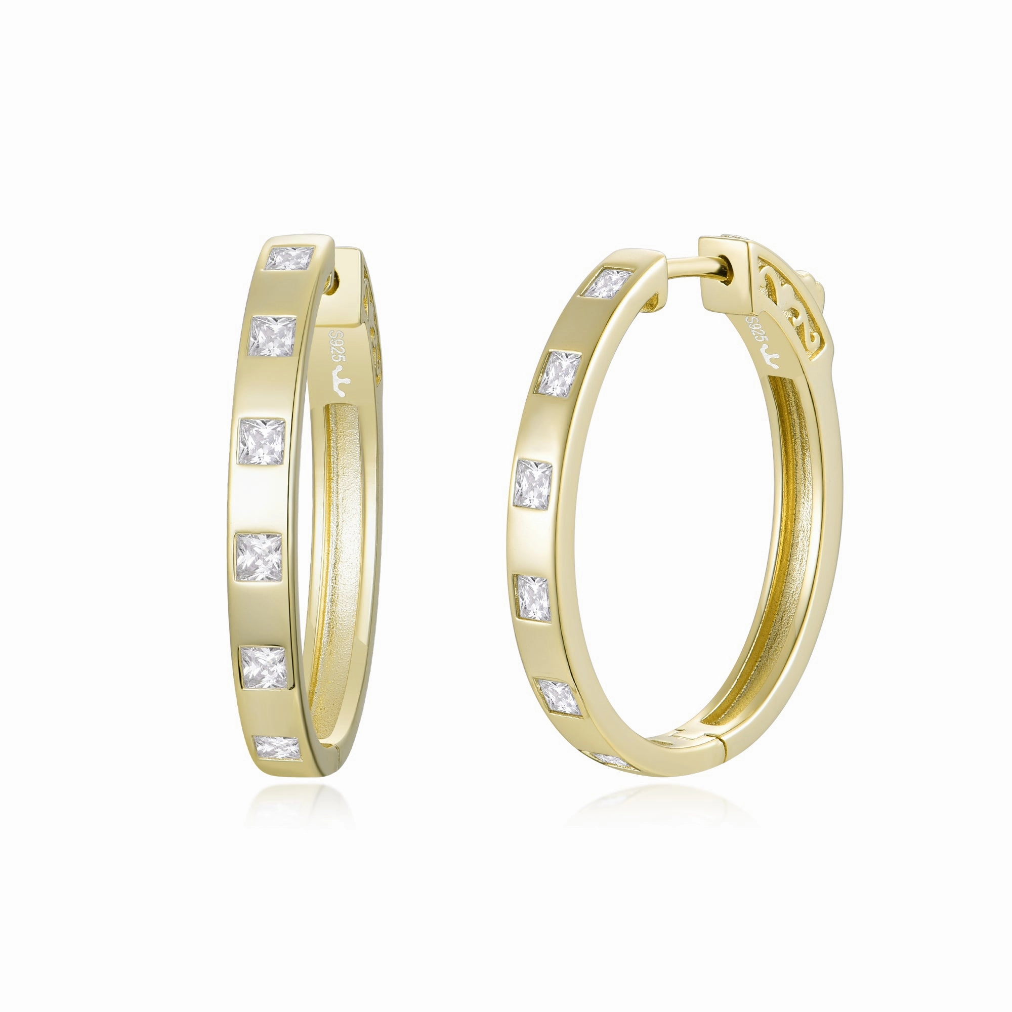 Sterling Silver 1.25" Oval Inlaid Princess Cut CZ Hoop Earrings Glamorous Gem