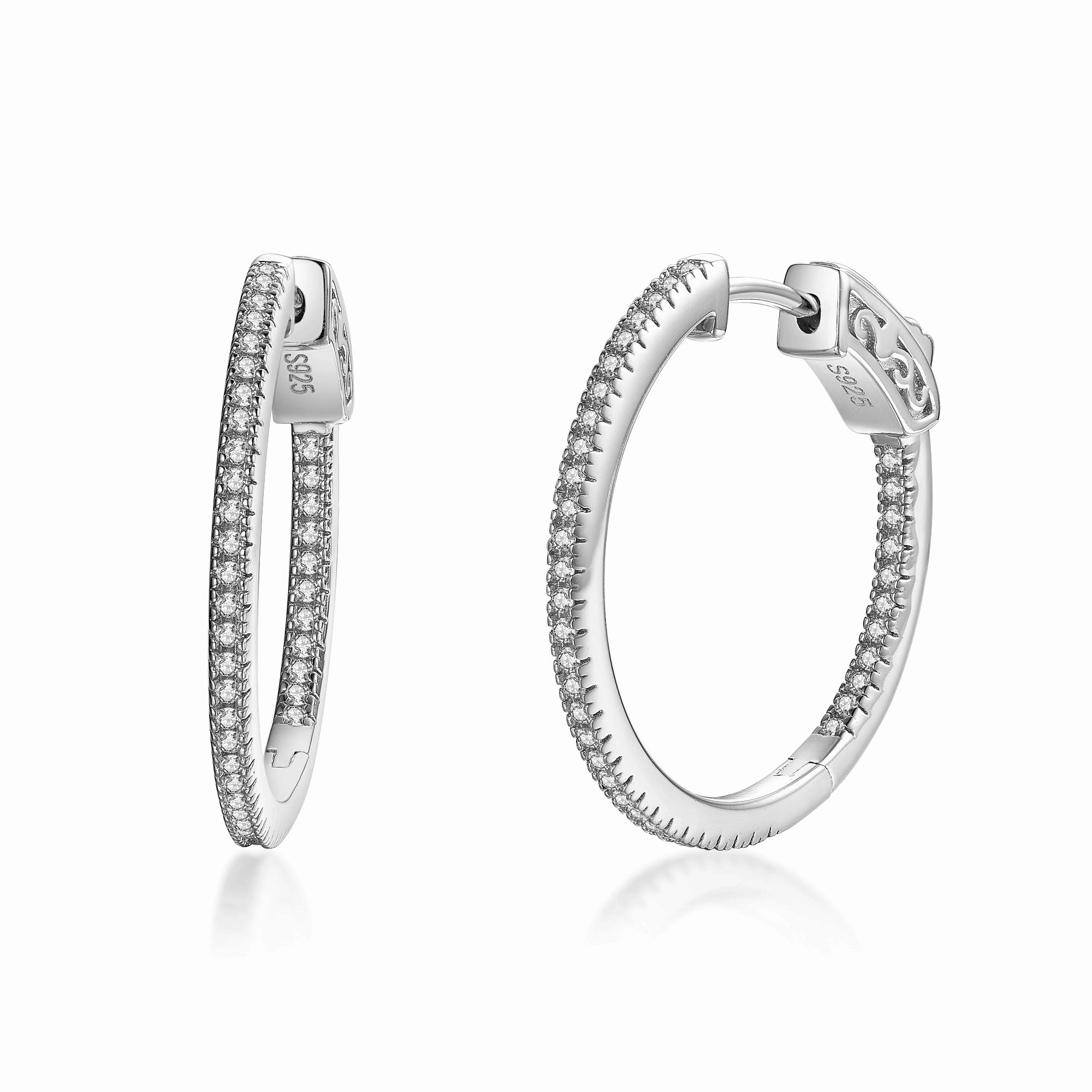 Fashionable Detail Sterling Silver 25mm Round CZ Hoop Earrings with 1mm CZs