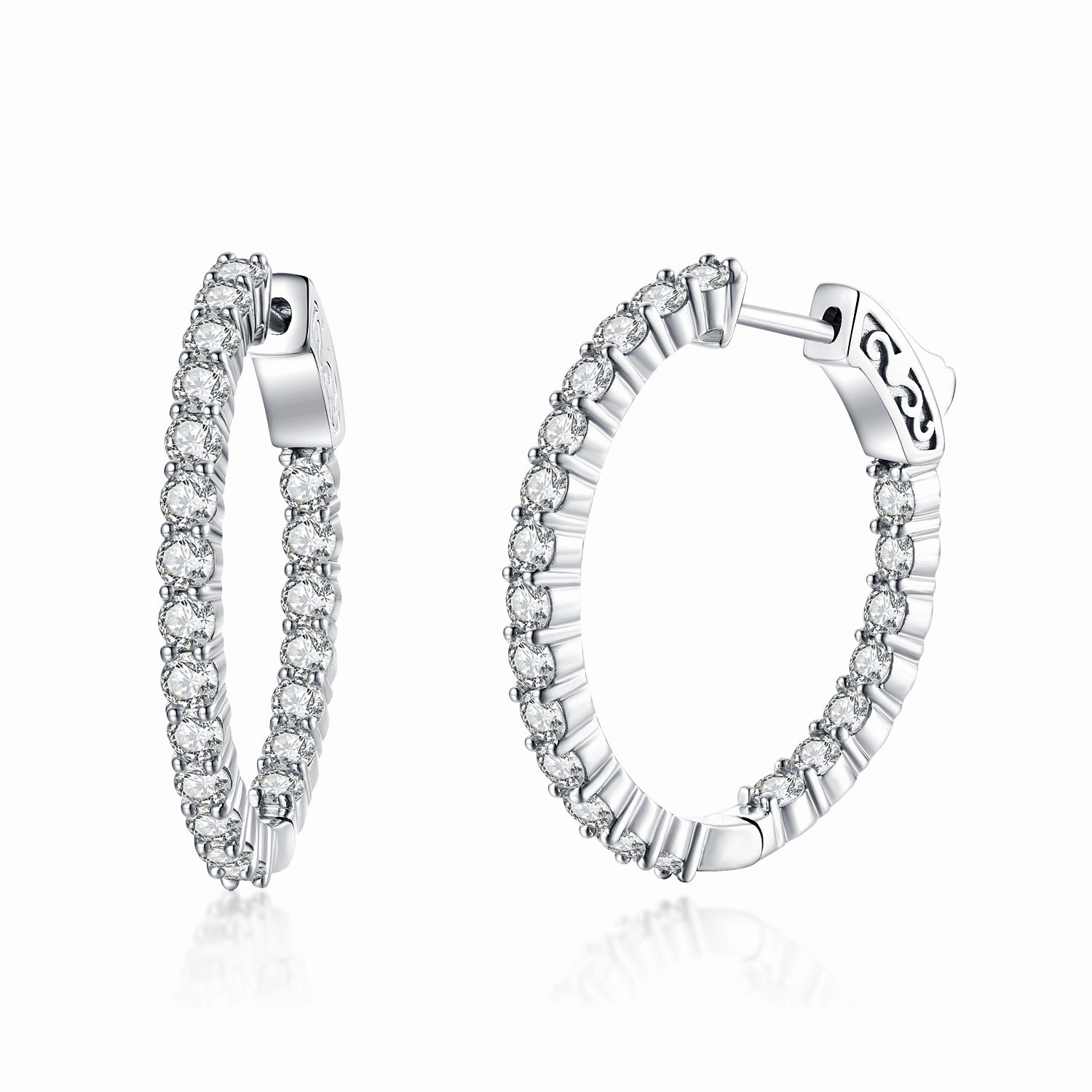 Sterling Silver 28.5x26MM Oval CZ Hoop Earrings with 2.5mm CZs Romantic Detail Sculpted Accent