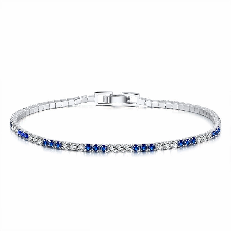 Sterling Silver 3 Alternating Sapphire and Clear 2mm CZ Bracelet Handmade Beauty