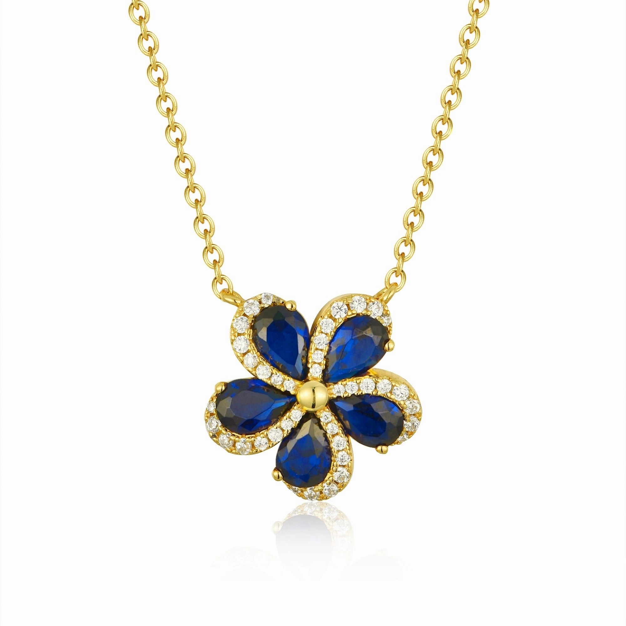 Sterling Silver 5 Petal Colored Stone Micropave Swirl Flower Necklace Luxurious Detail