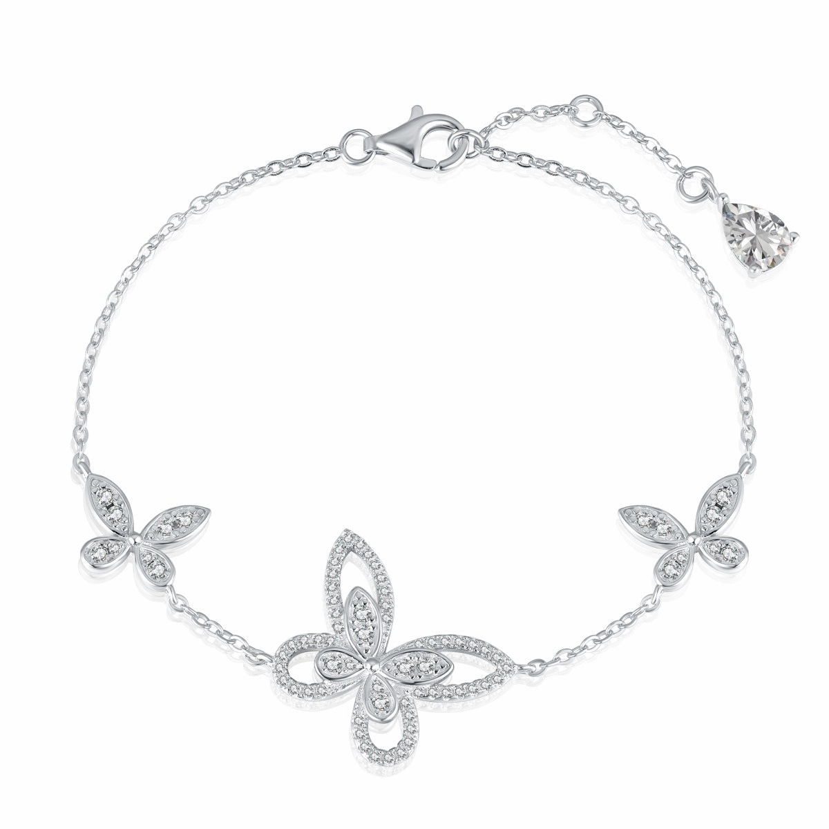Modern Outfit Sterling Silver Adjustable 3 Micropave (Center is Outlined) Butterflies Bracelet
