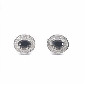 Candid Shot Sterling Silver Black Oval Cufflinks With Two Row CZ Border