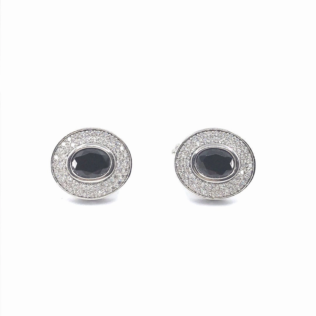 Candid Shot Sterling Silver Black Oval Cufflinks With Two Row CZ Border