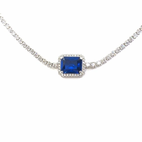 Sterling Silver Blue Rectangle CZ Tennis Necklace Daily Style