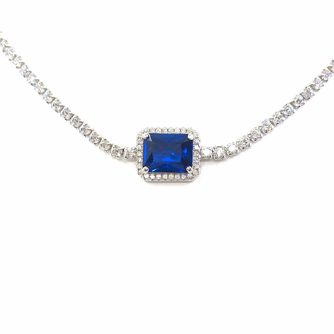 Sterling Silver Blue Rectangle CZ Tennis Necklace Daily Style