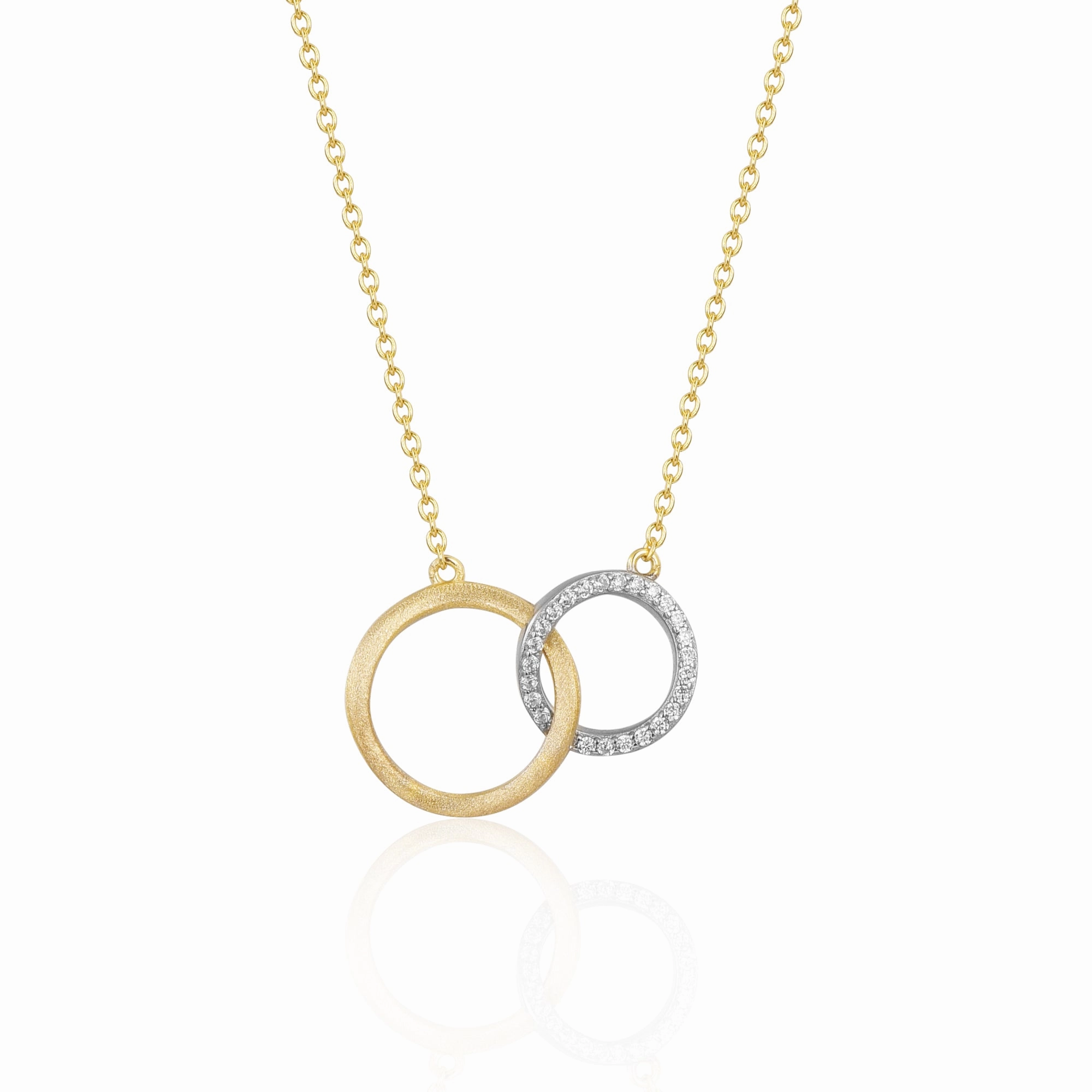 Versatile Style Sterling Silver Brushed Gold Plated CZ Interlocking Circle Necklace