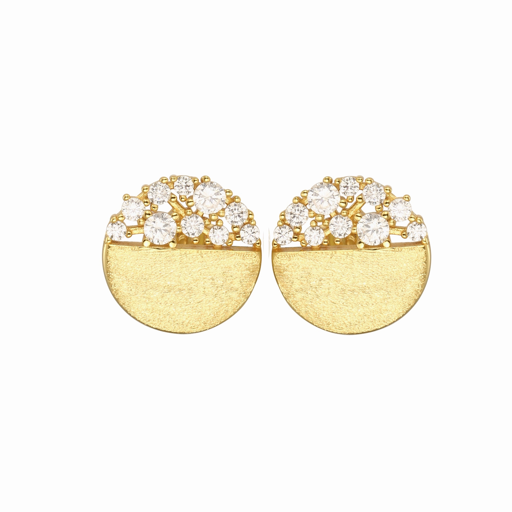 Sterling Silver Brushed Gold Plated Half CZ Stud Earrings Romantic Gesture