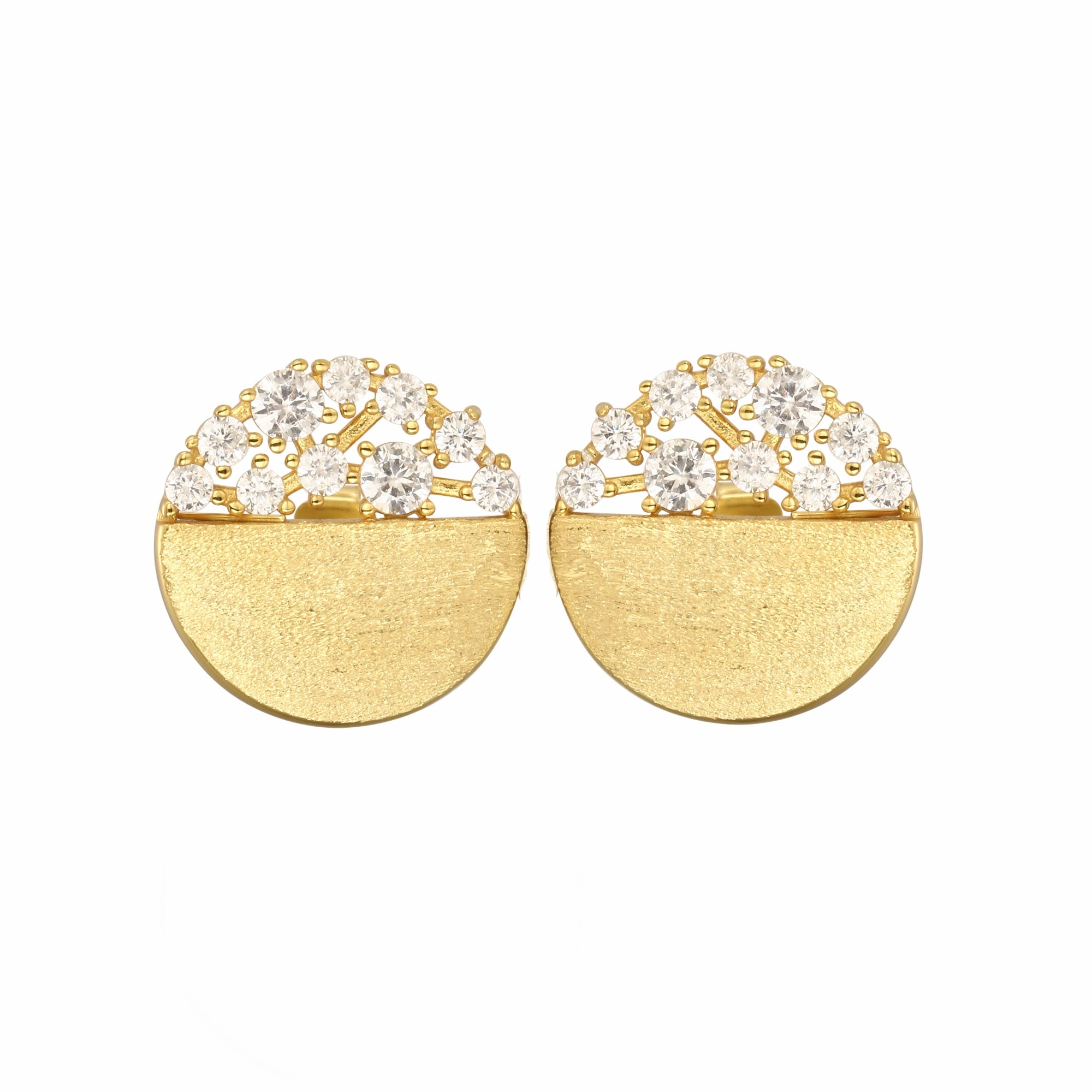Sterling Silver Brushed Gold Plated Half CZ Stud Earrings Finest Craft