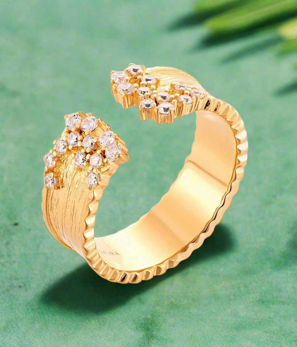 Refined Look Alluring piece Sterling Silver Brushed Gold Plated Open Cuff Sprinkled CZ Ring