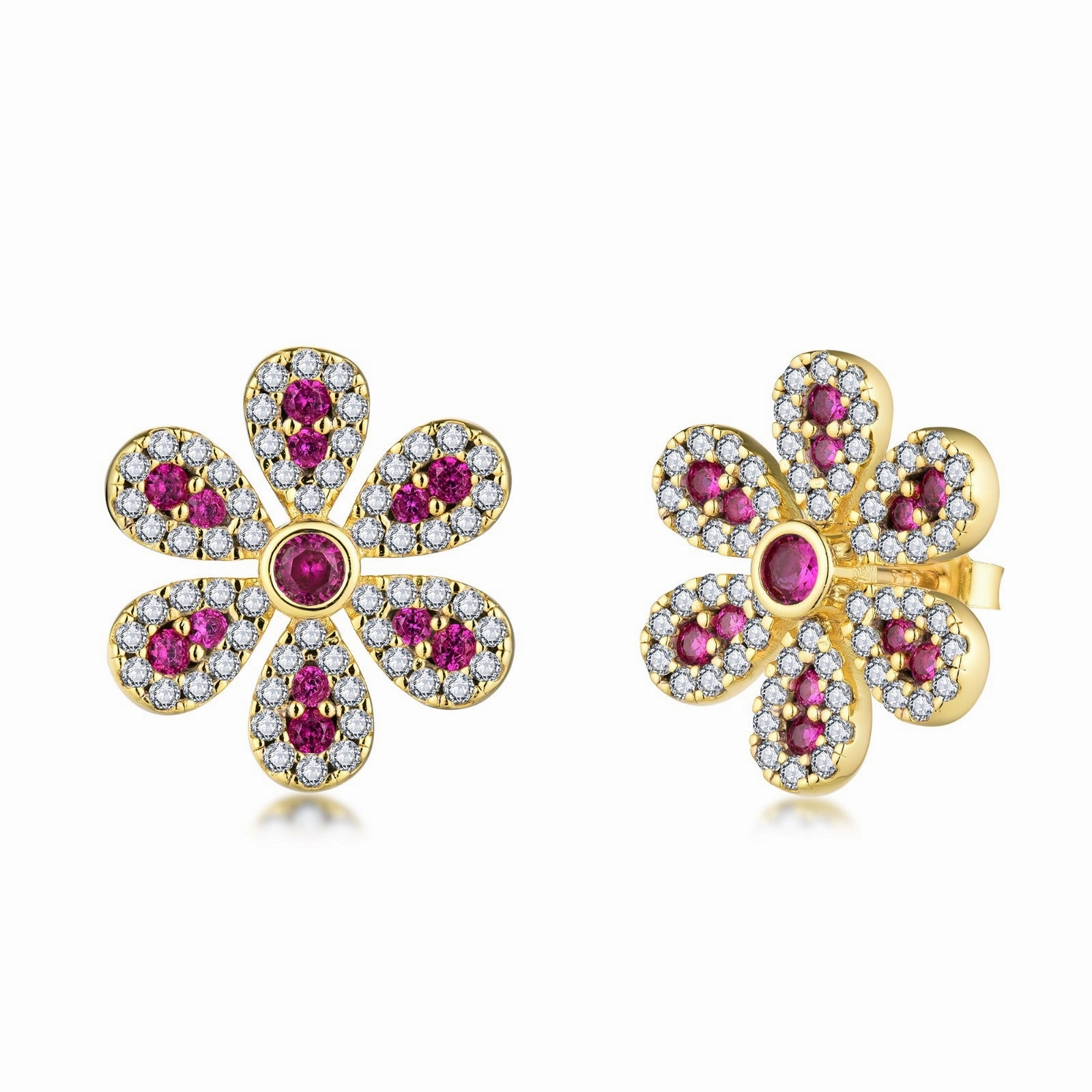 Glittering Details Radiant Pieces Sterling Silver Clear With Ruby or Sapphire CZ Flower Stud Earring