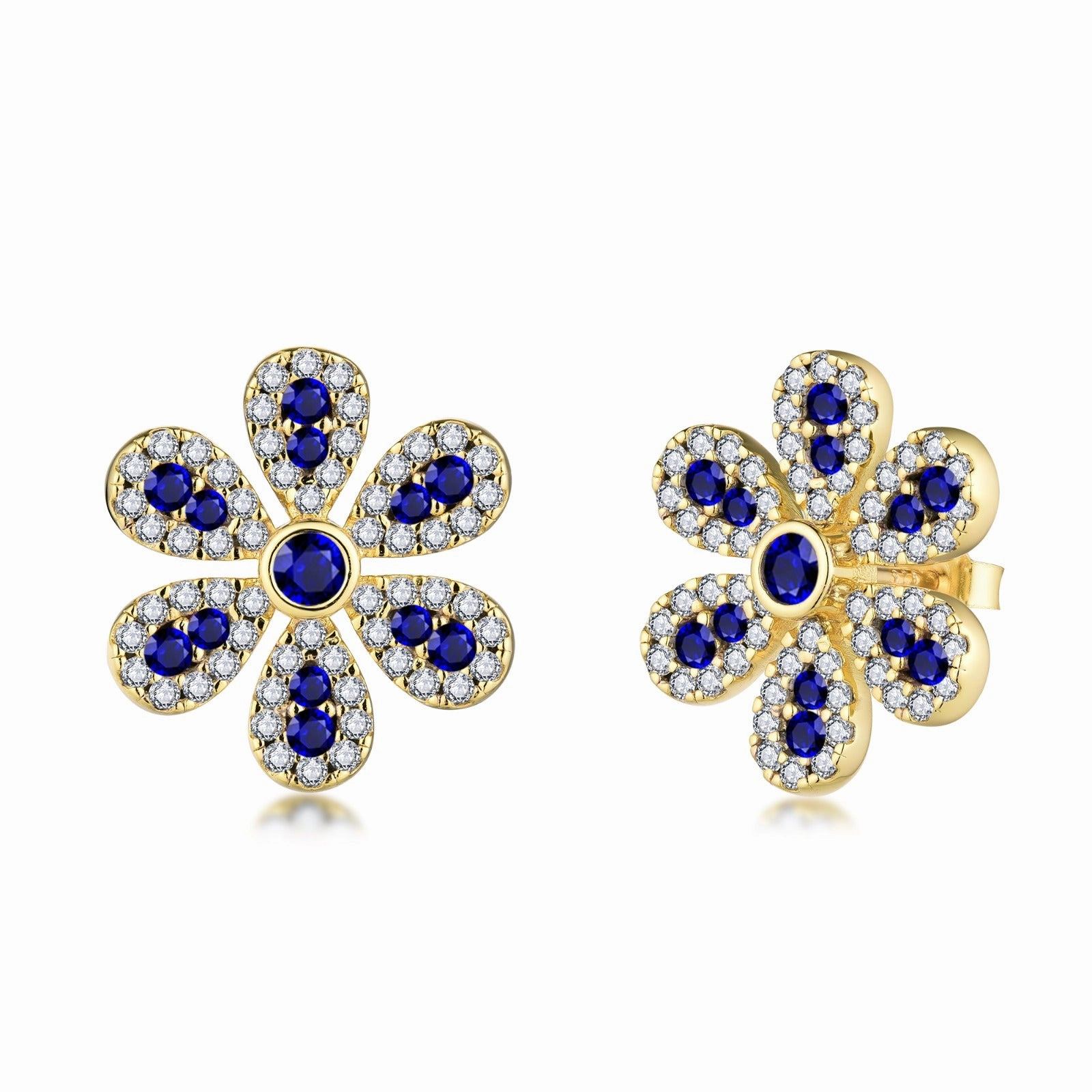 Sterling Silver Clear With Ruby or Sapphire CZ Flower Stud Earring Exquisite Edge