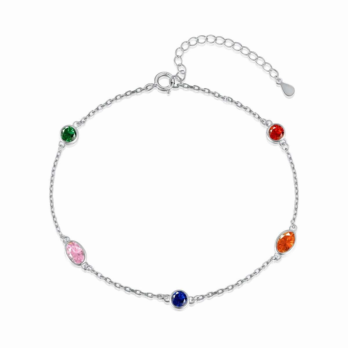 Luxury Look Distinctive Look Sterling Silver Colorful Bezel Set Round and Oval Stones Adjustable Bracelet