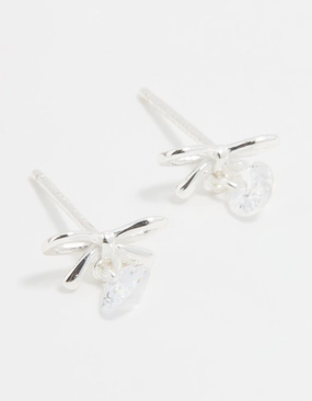 Clean Style Luxe Detail Sterling Silver Cubic Zirconia Bow & Drop Stud Earrings
