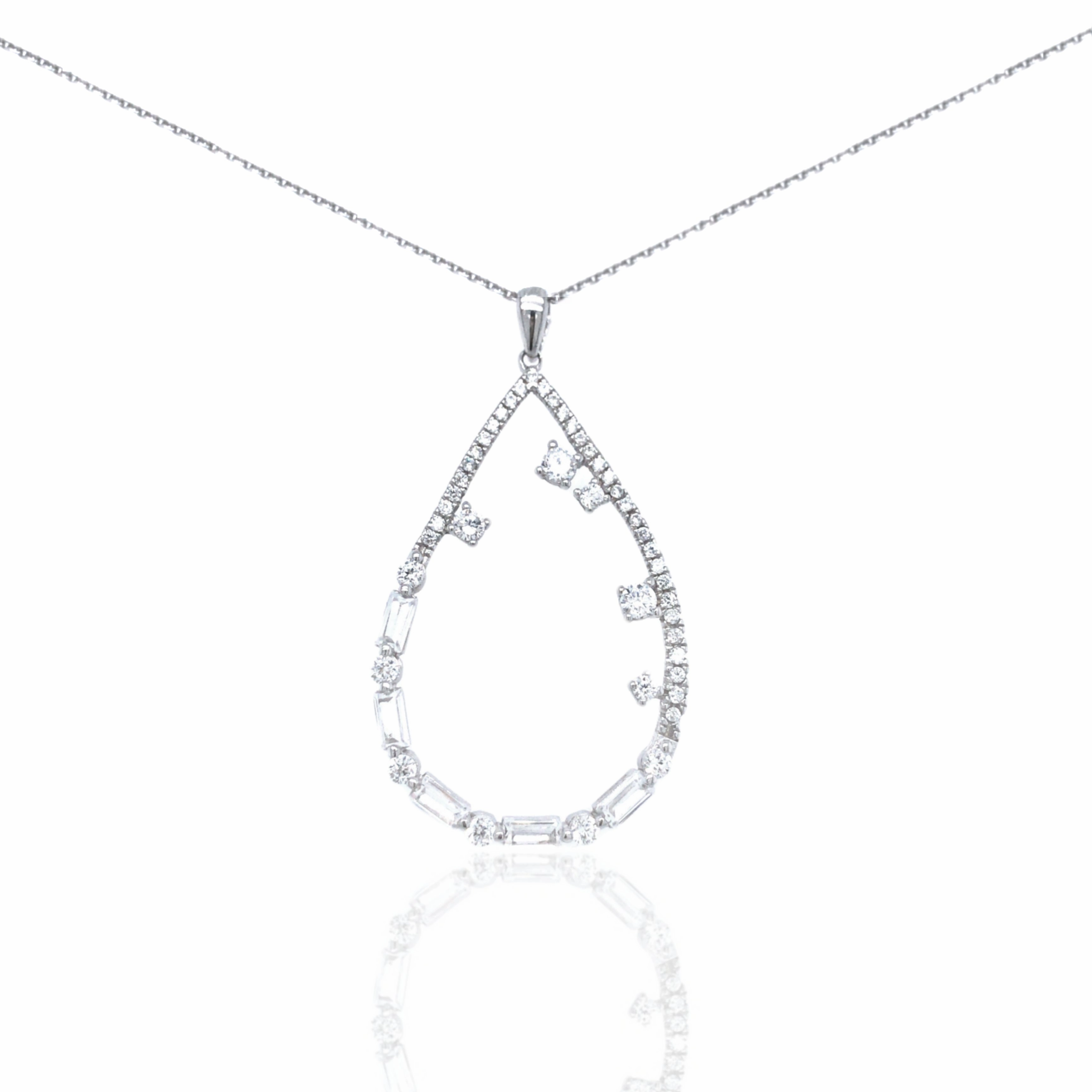Gift worthy Lustrous Feature Sterling Silver CZ and Baguettes Teardrop Pendant Necklace