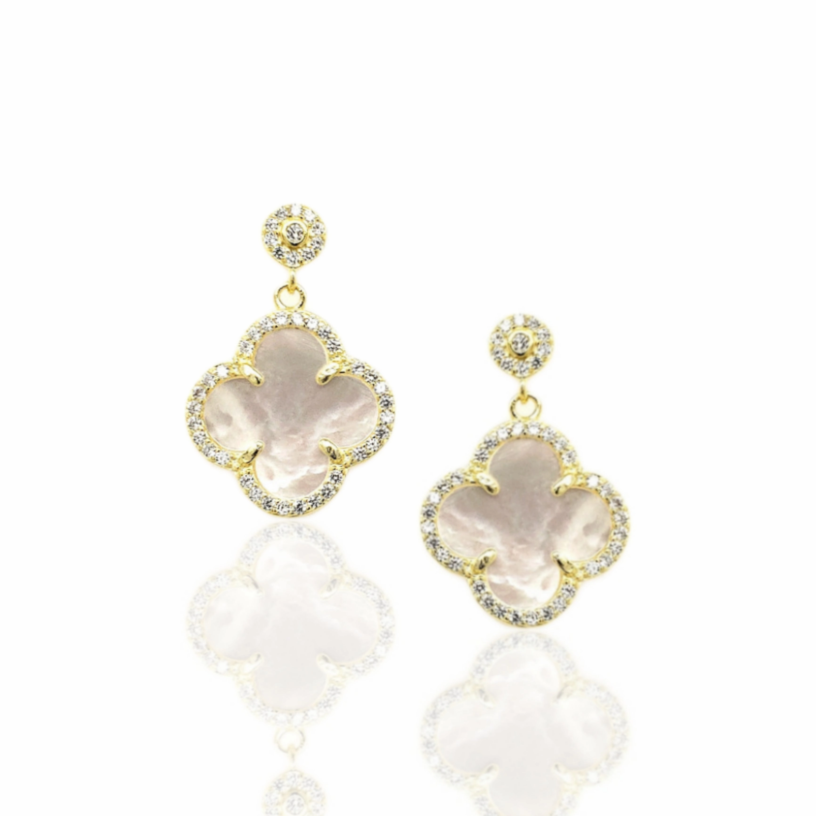 Sterling Silver CZ Border Mother Of Pearl/Black Clover Hanging Earring Everyday Glam Fashion highlight