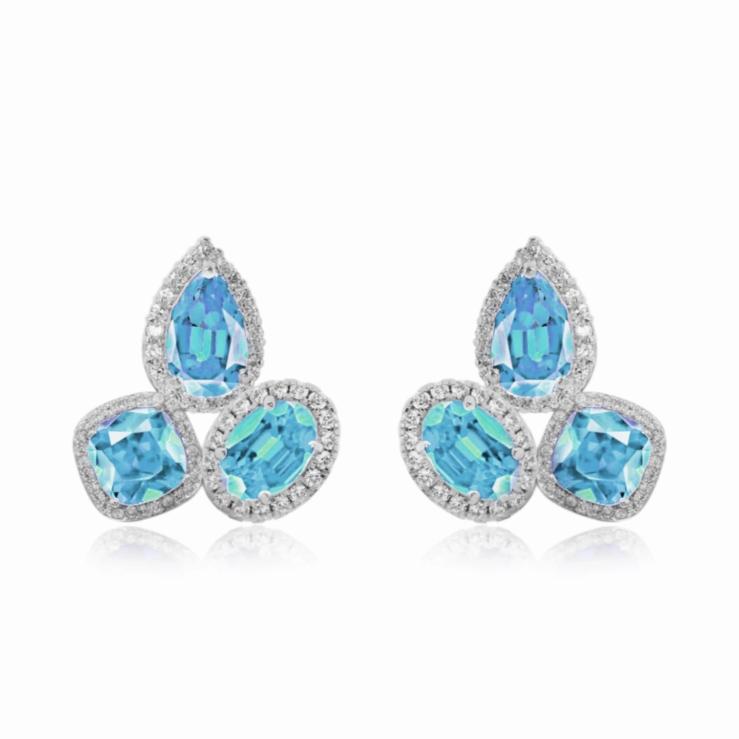 Sterling Silver CZ Halo Around Three Stone Stud Earring Elegant Touch