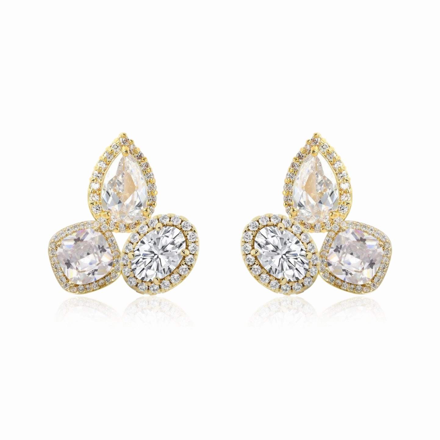 Sterling Silver CZ Halo Around Three Stone Stud Earring Unique Edge