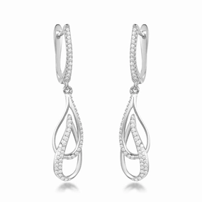 Everyday Wear Pure Feature Sterling Silver Double Leaf on English Back Micropave Link Earrings