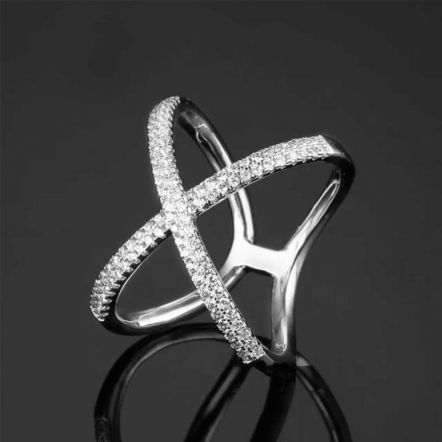 Sterling Silver Double Row CZ Crossover Elegant Ring Chic Layer Glow Detail