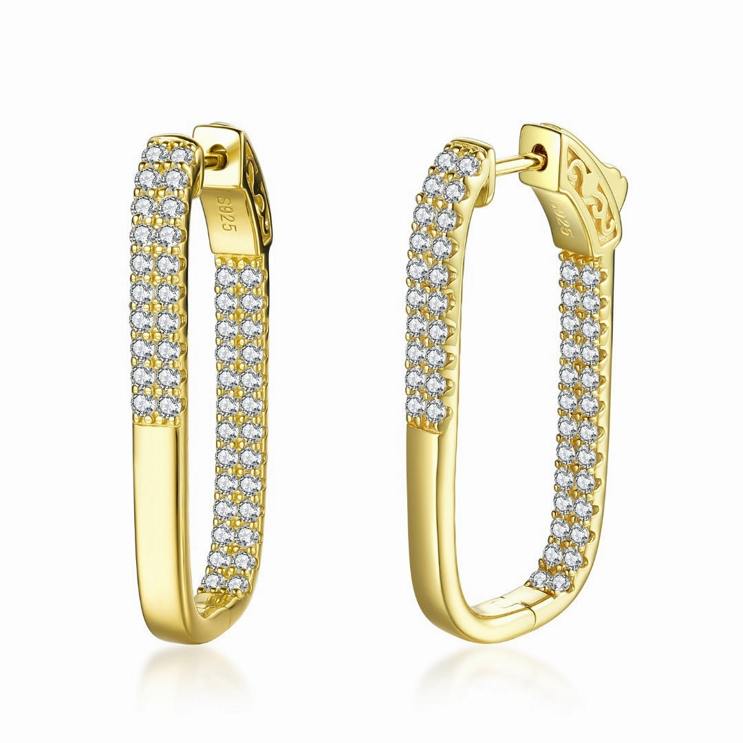 Sterling Silver Double Row CZ Rectangular Hoop Earrings Timeless Feature Chic Accessories