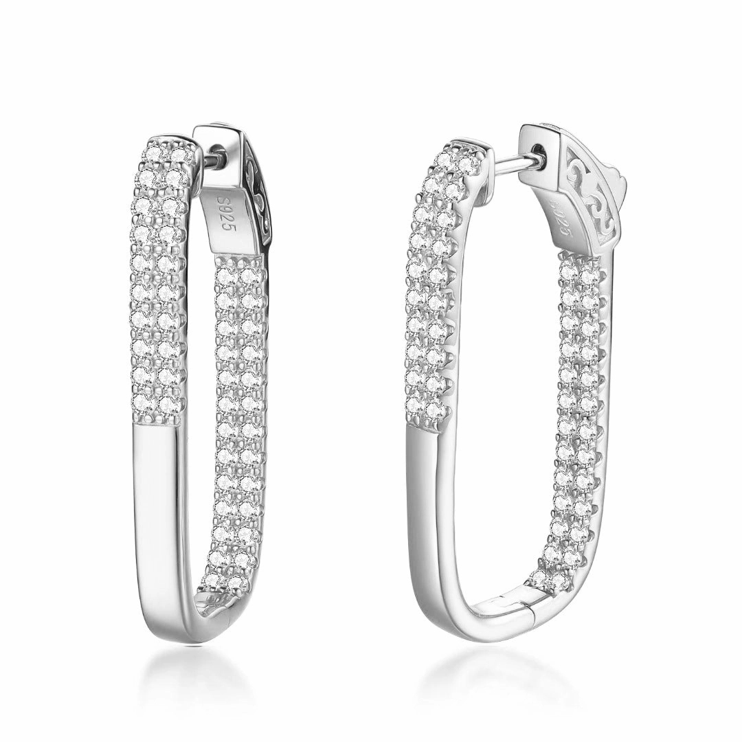 Sterling Silver Double Row CZ Rectangular Hoop Earrings Custom Styling Handmade Shine