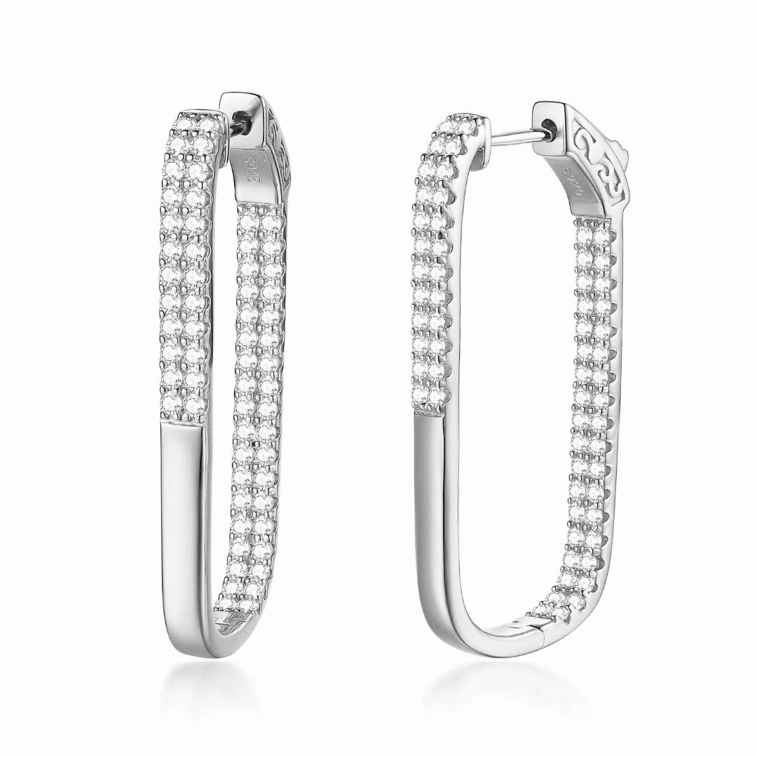 Sterling Silver Double Row CZ Rectangular Hoop Earrings Glamorous Design