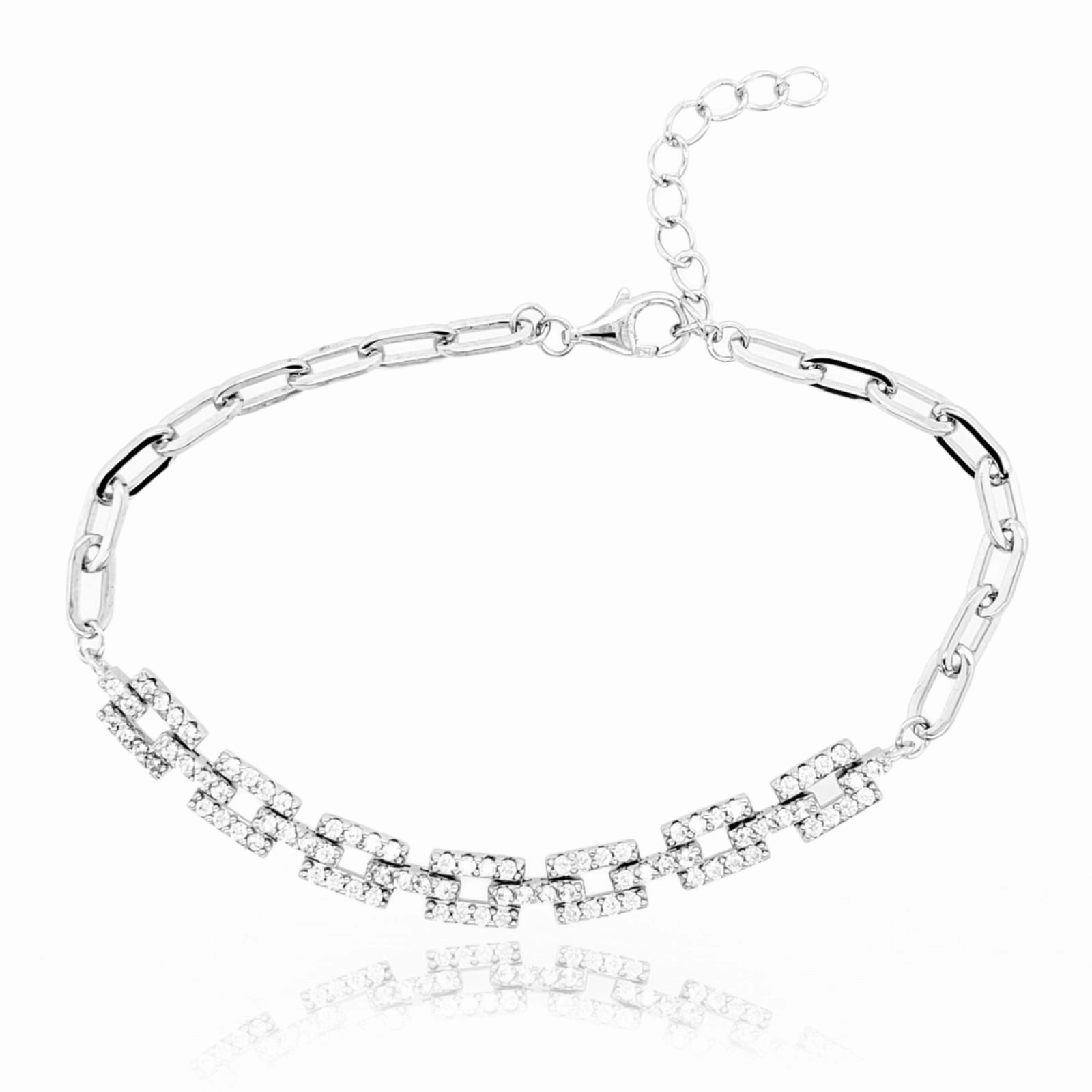 Sterling Silver Elegant CZ Diamond Rectangles Bracelet Precious Touch