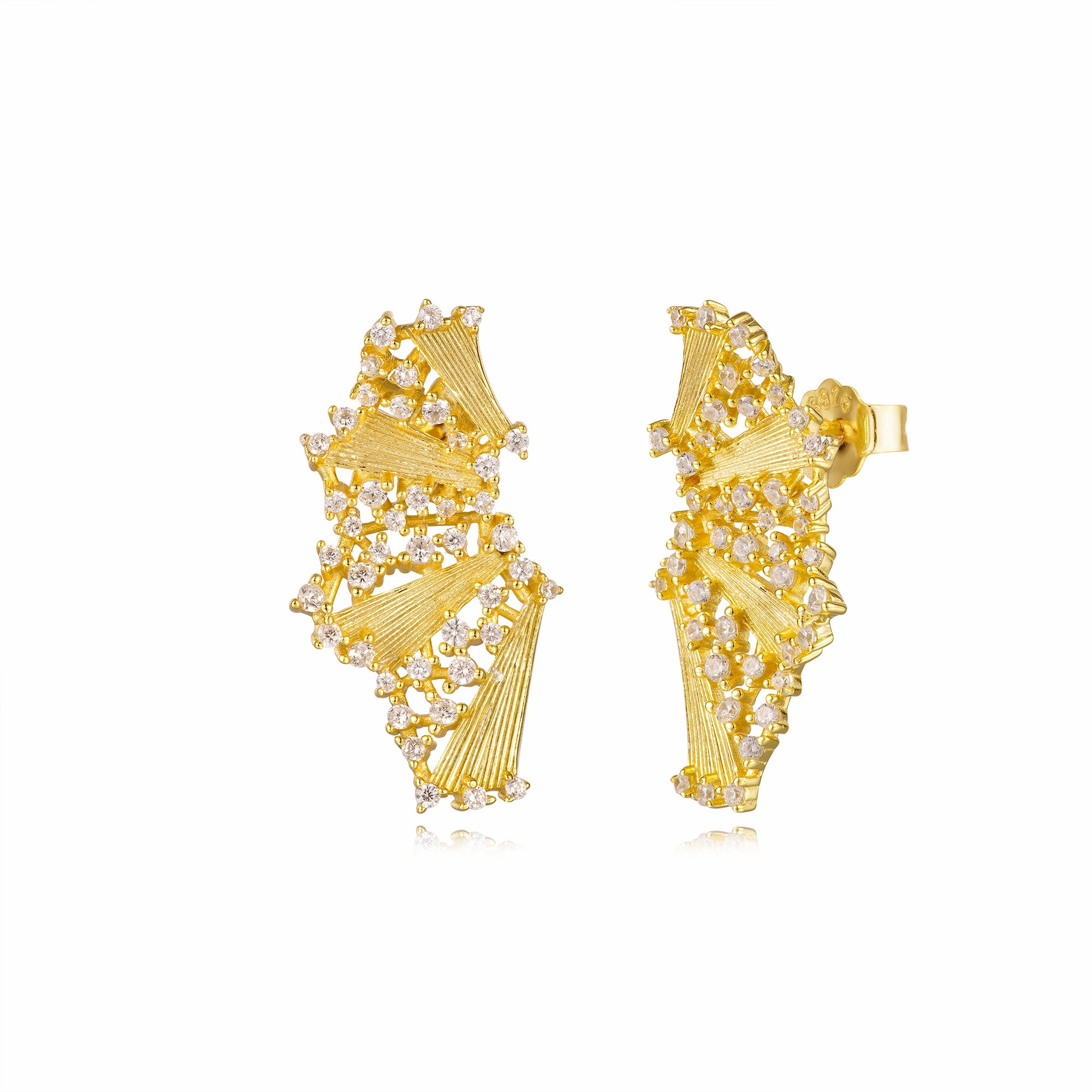 Sterling Silver Gold Plated Cascading Fan With CZ Stud Earrings Handcrafted Detail