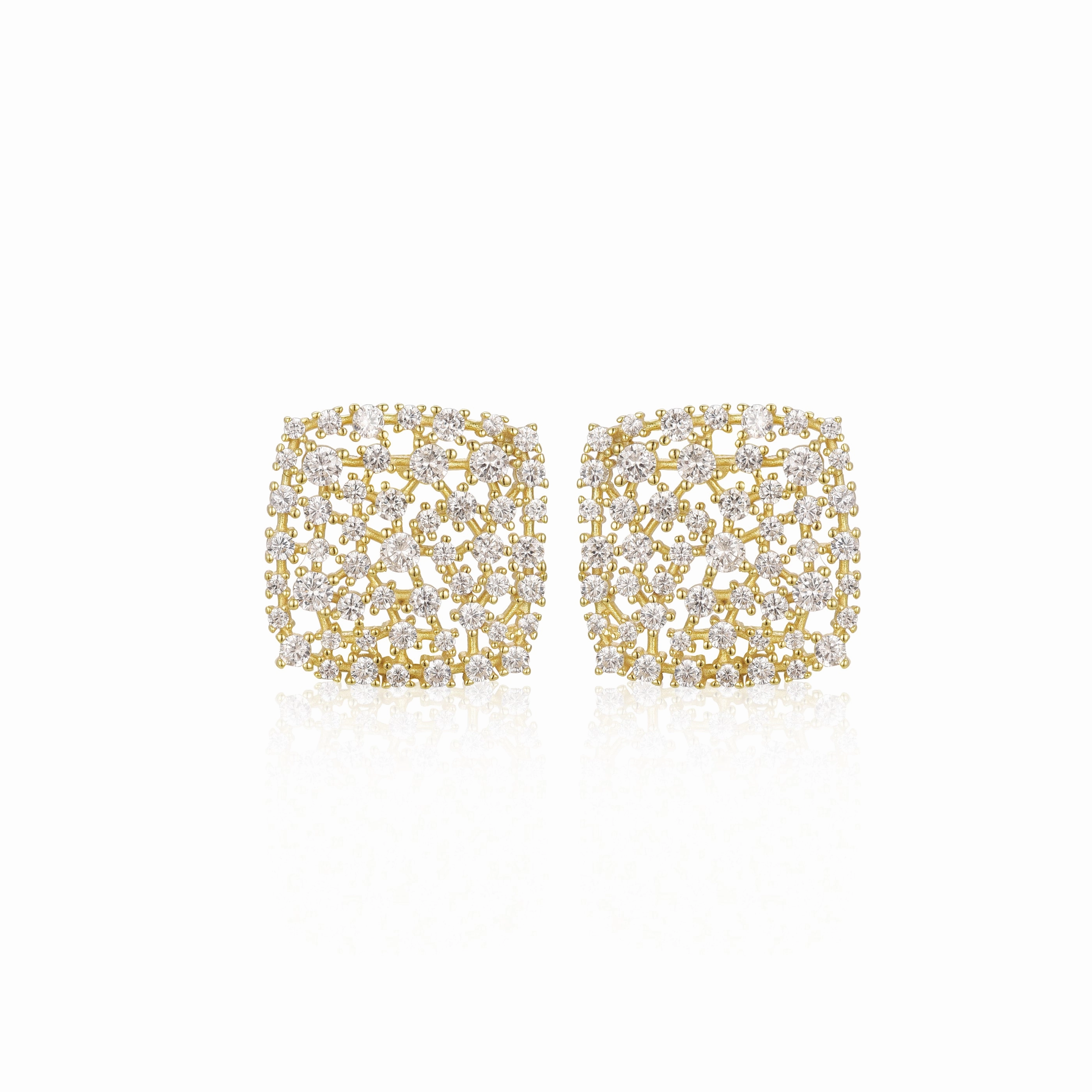 Trendy Highlight Sterling Silver Gold-Plated Cushion Sprinkled Cluster Stud Earrings