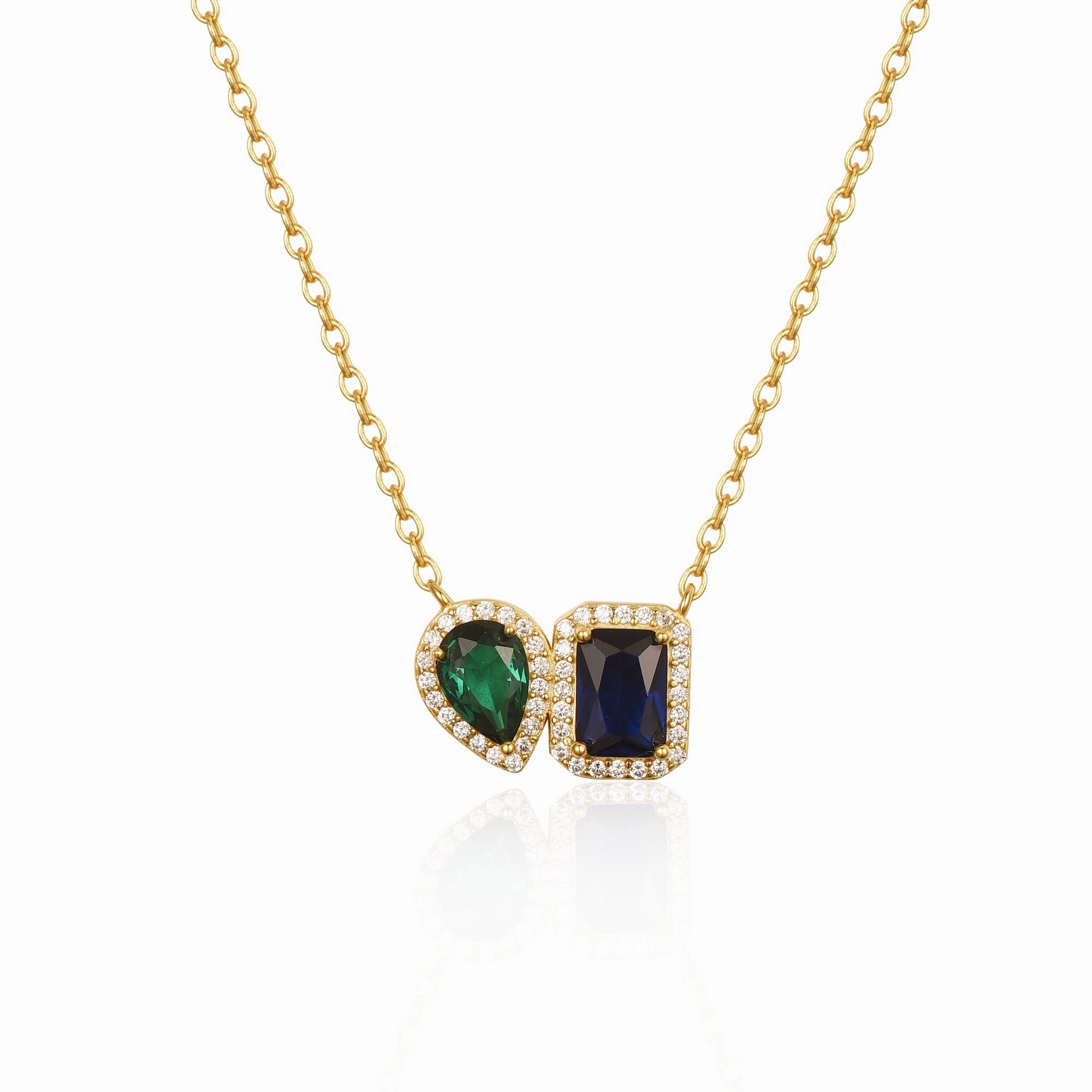 Refined Edge Sterling Silver Gold Plated Emerald and Sapphire CZ Shape Necklace