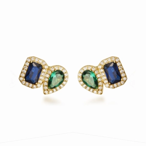Sterling Silver Gold Plated Emerald and Sapphire CZ Shape Stud Earring Vibrant Detail Bold Combo