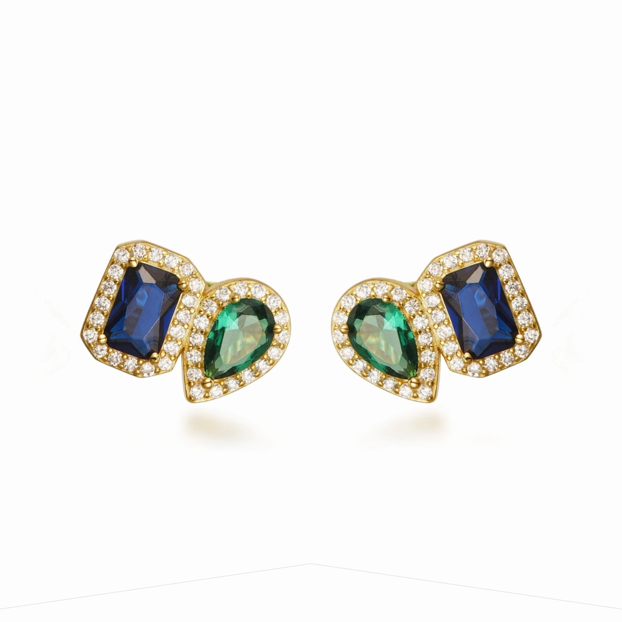Sterling Silver Gold Plated Emerald and Sapphire CZ Shape Stud Earring Vibrant Detail Bold Combo