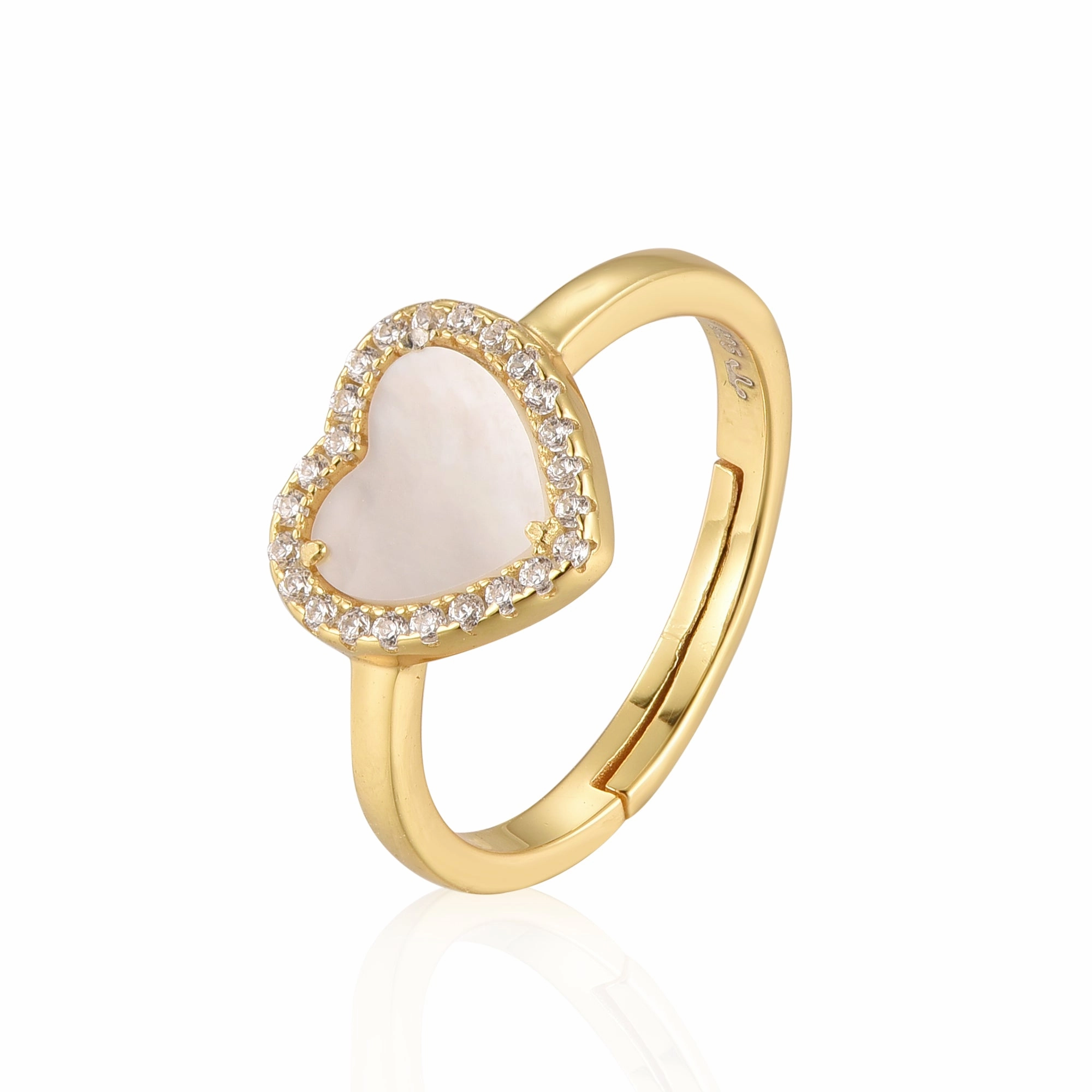 Elegant Focus Trendy Fit Sterling Silver Gold Plated Mother of Pearl Heart With CZ Ring