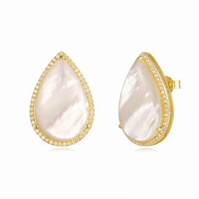 Sterling Silver Gold Plated Mother of Pearl Teardrop Stud Earrings Modern Element Styled Set