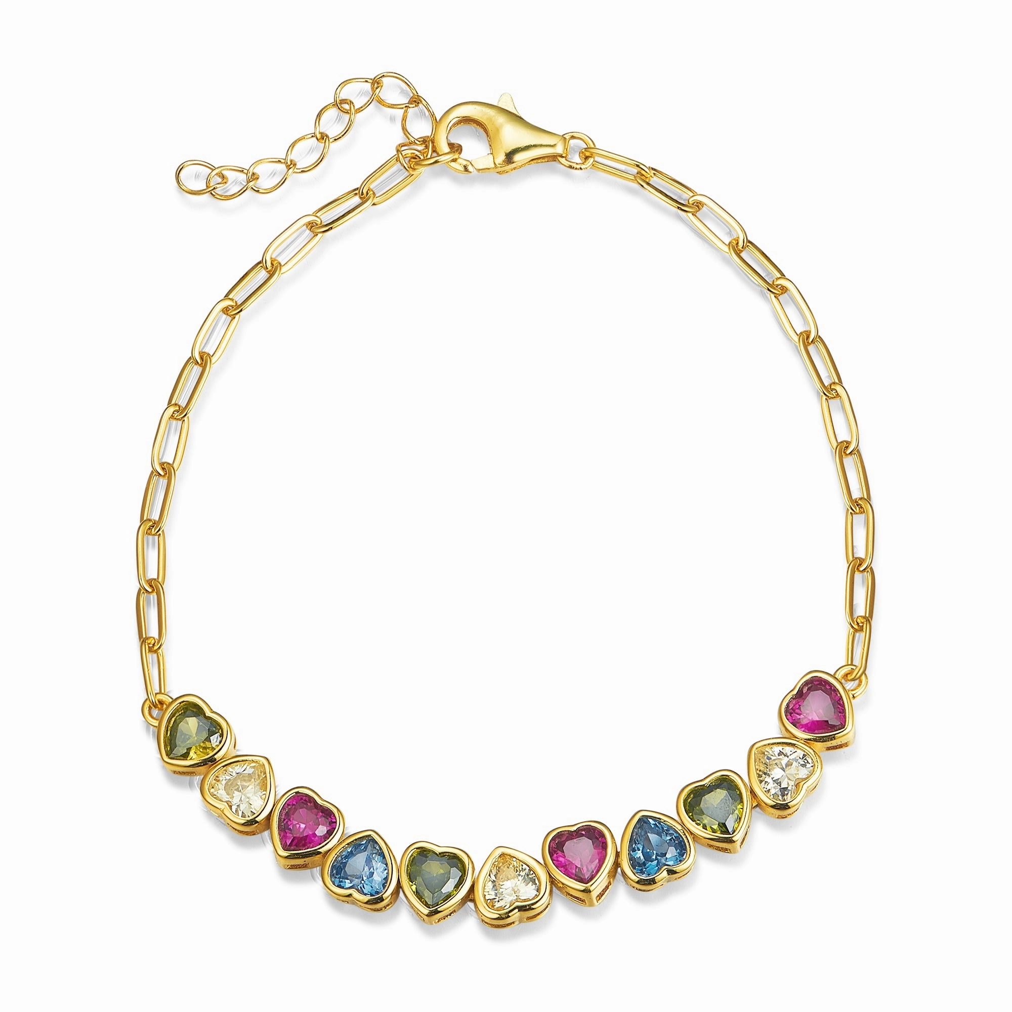 Sterling Silver Gold Plated Multicolor Heart Bracelet Polished Form Unique Style