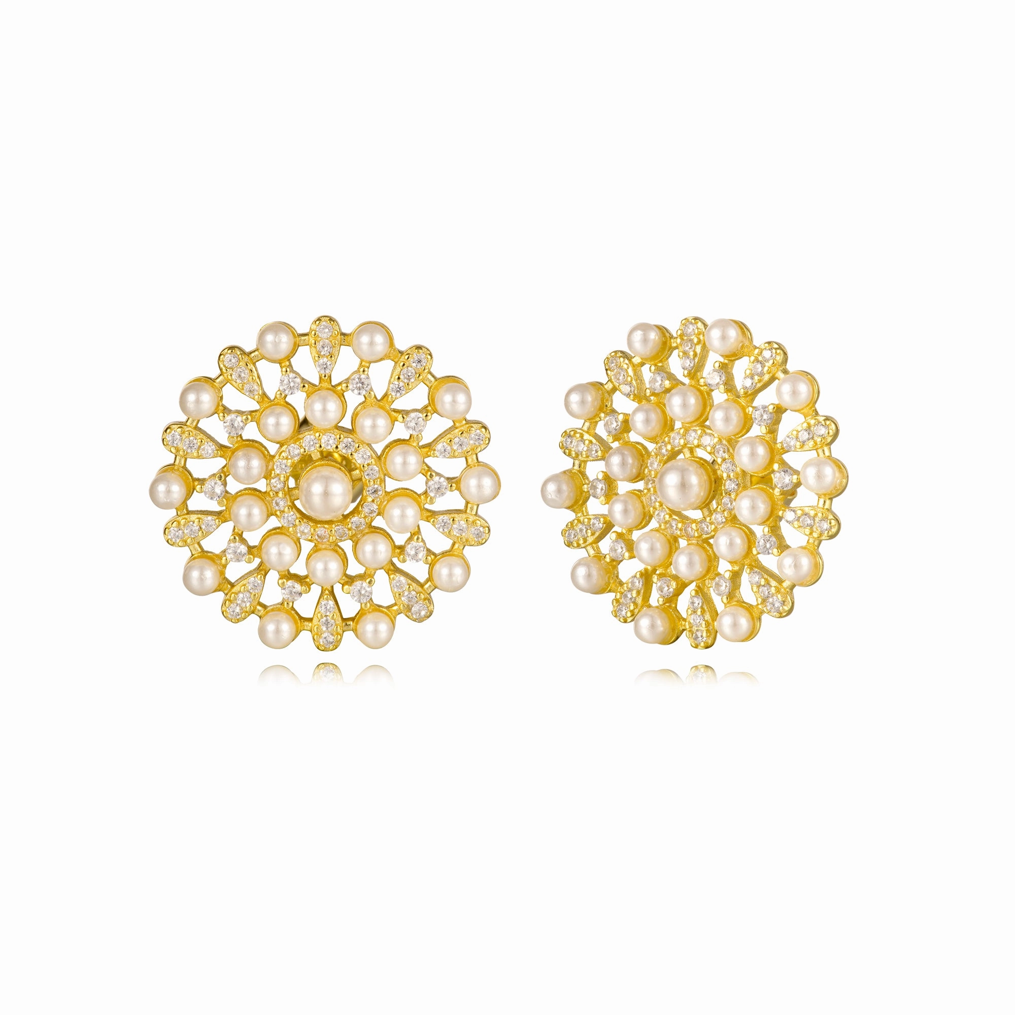 Dusk Style Sterling Silver Gold Plated Pearl And CZ Design Stud Earrings