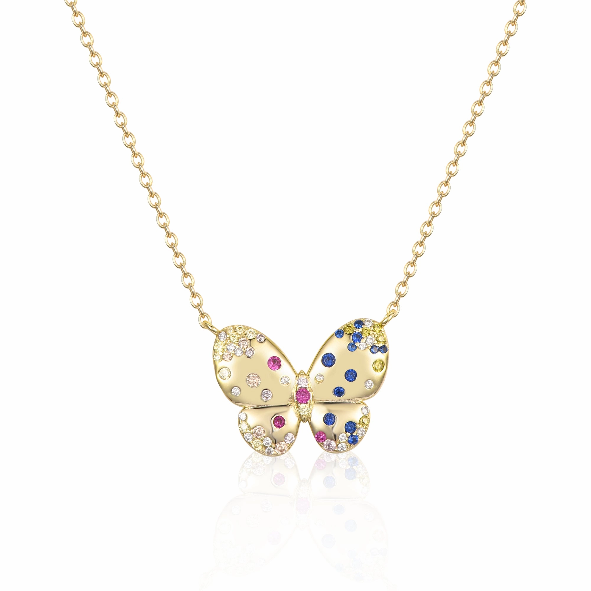 Formal Layer Sterling Silver Gold Plated Puffy Butterfly With Colorful CZ Necklace