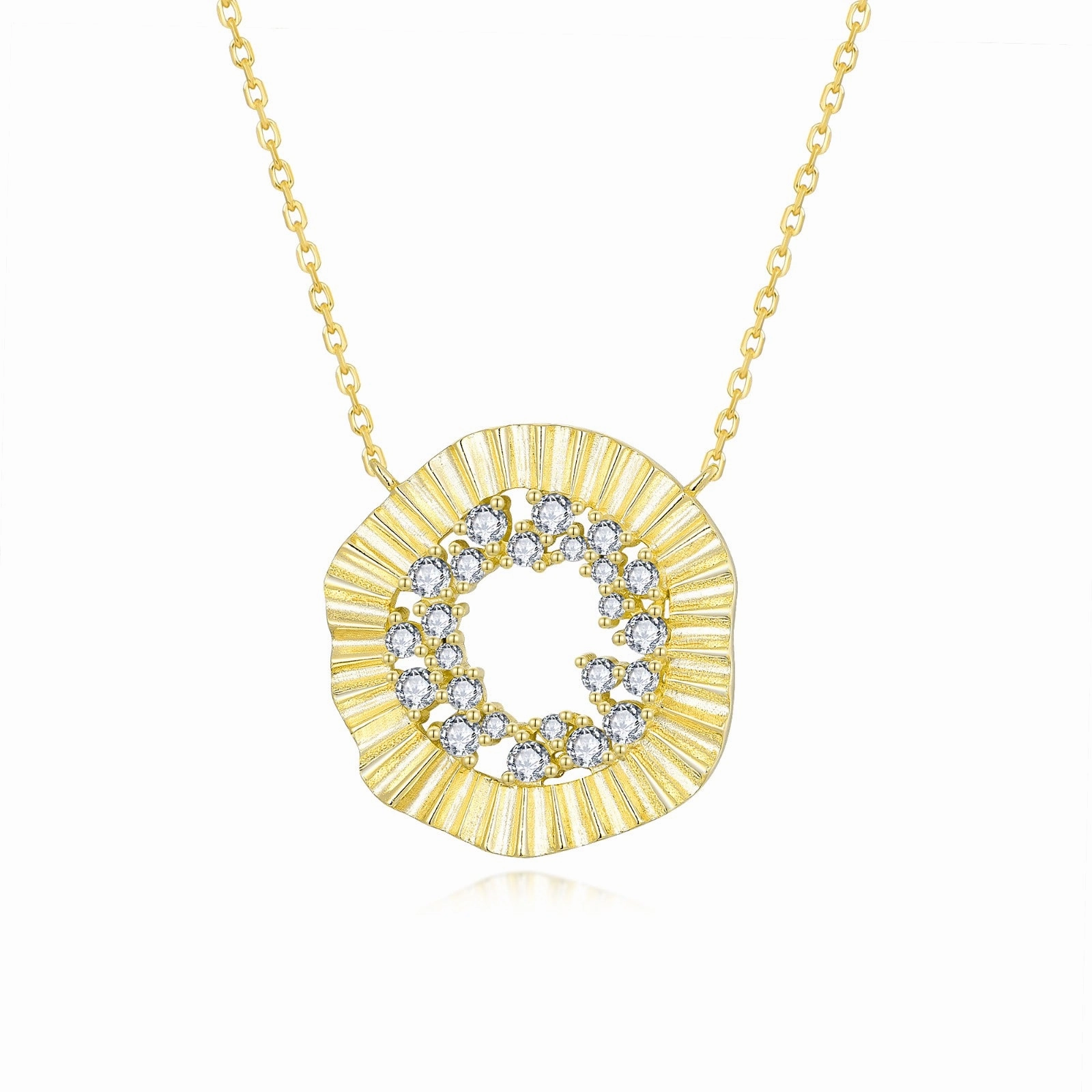 Custom Jewelry Sterling Silver Gold Plated Rounded Fan Shape CZ Center Necklace