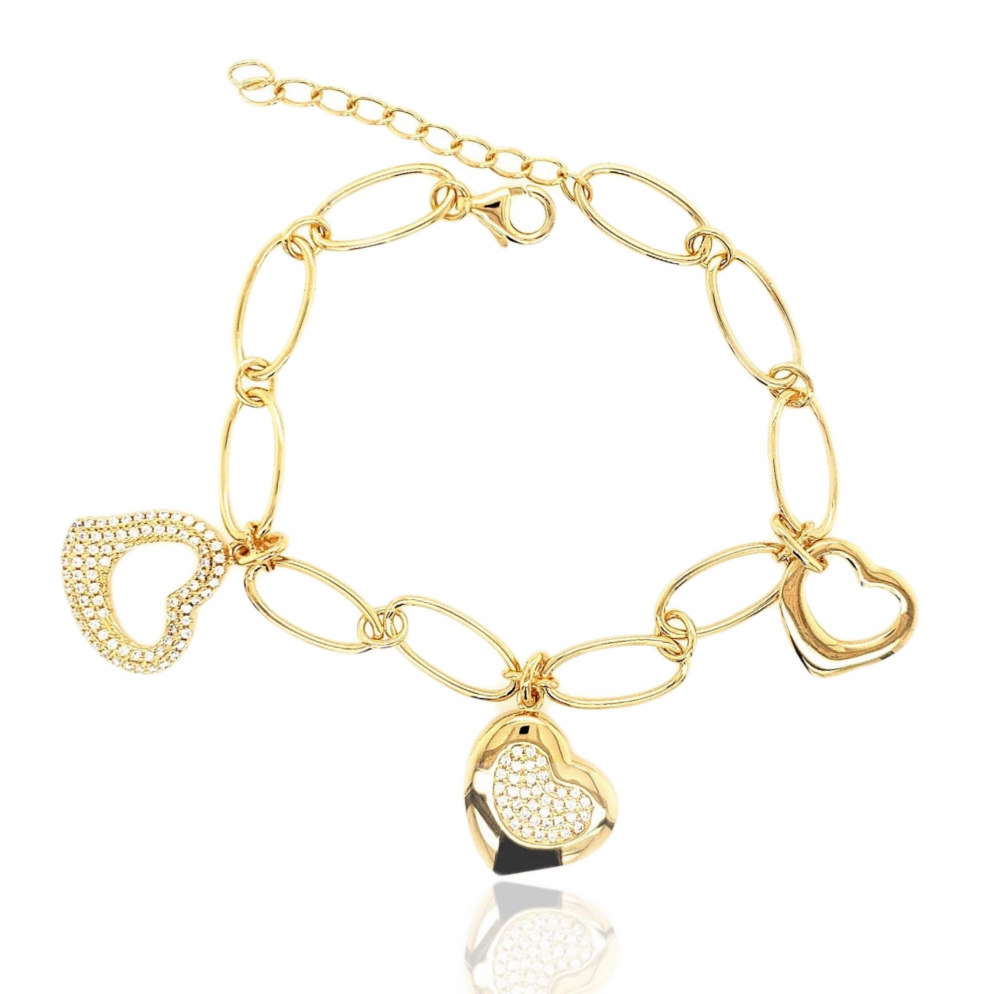 Chic Pick Sterling Silver Gold Plated Three CZ Charm Heart Bracelet