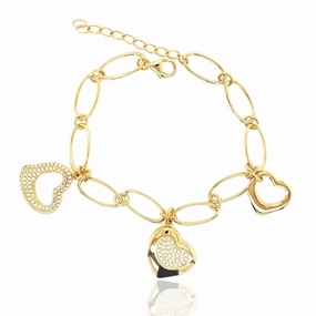 Chic Pick Sterling Silver Gold Plated Three CZ Charm Heart Bracelet