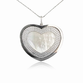 Sterling Silver Large Mother of Pearl Heart CZ Pendant Necklace Bridal Moment