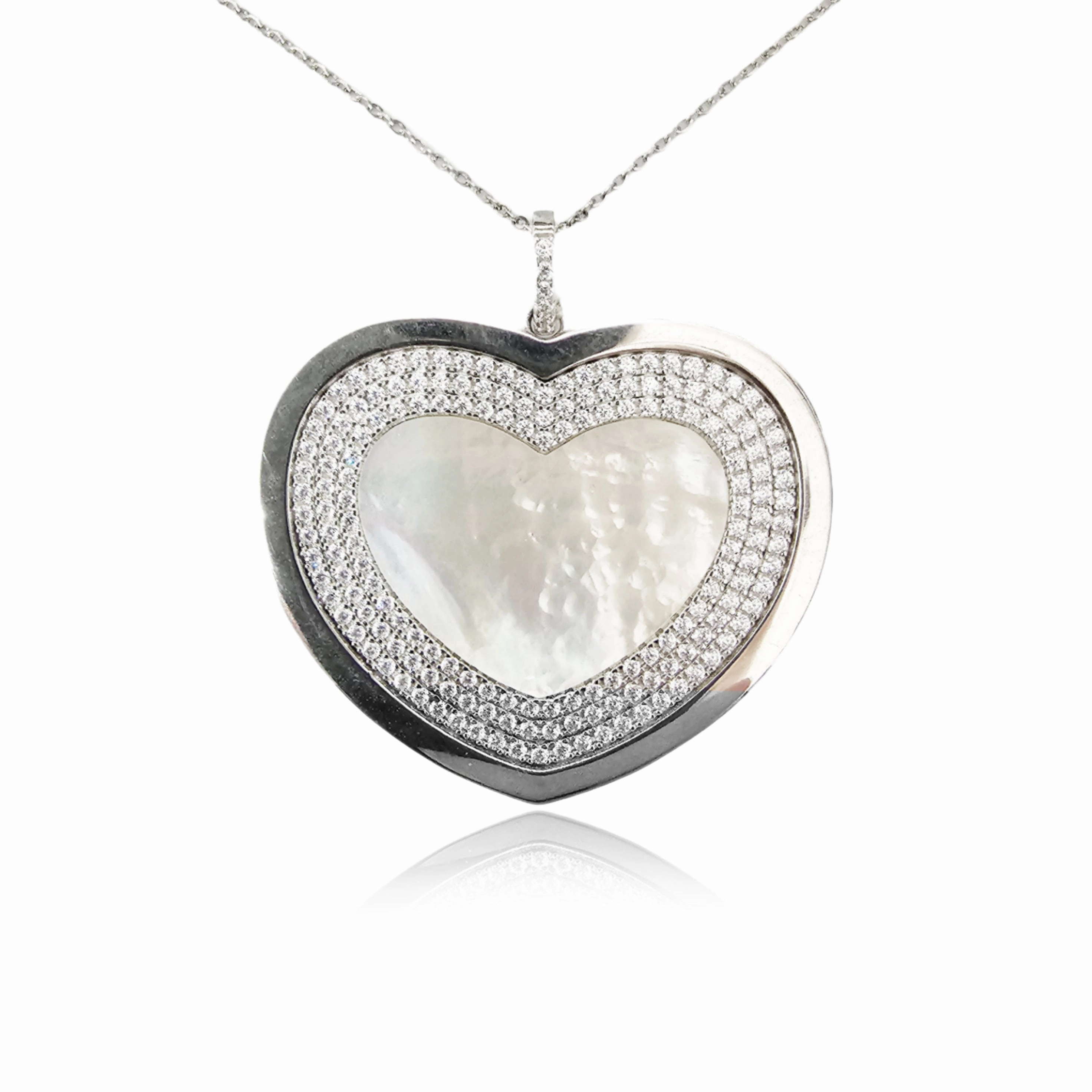 Sterling Silver Large Mother of Pearl Heart CZ Pendant Necklace Bridal Moment