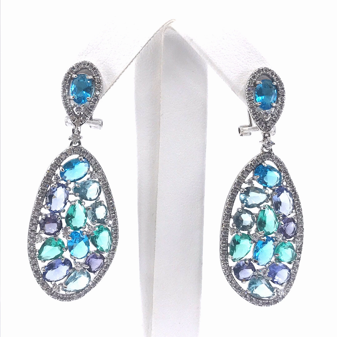 Radiant Surface Graceful Spark Sterling Silver Micro Pave Earrings with Blue Stones