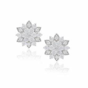 Sterling Silver MicroPave CZ Flower Stud Earrings Polished Layer