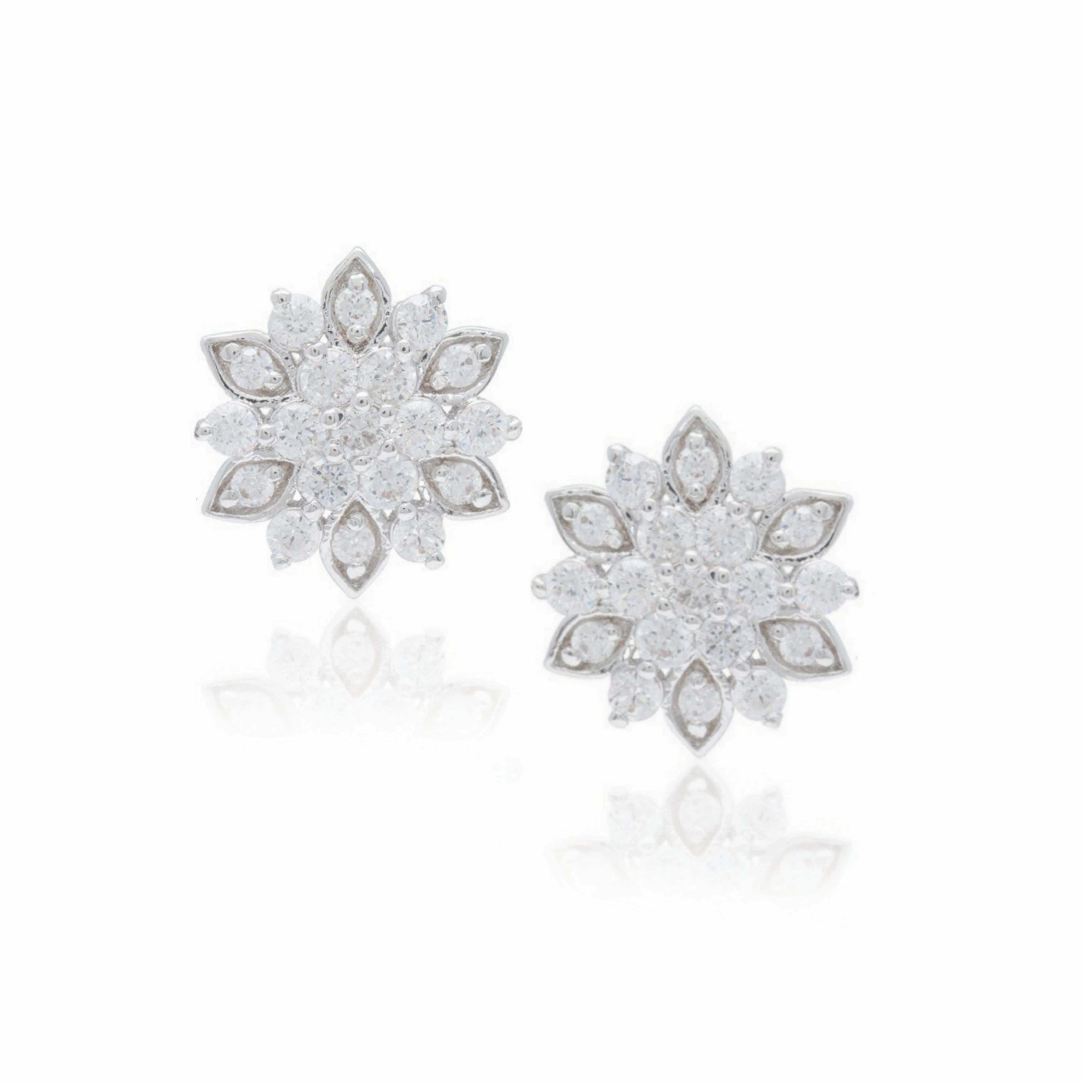 Sterling Silver MicroPave CZ Flower Stud Earrings Polished Layer